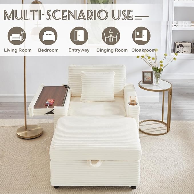 Chaise Lounge Chair Indoor with Ottoman Corduroy Sofa Bed with Table Board USB Ports Cup Holder &amp Pillow Boneless Chaise Lounge for Storage Space Living Room Bedroom Apartment (White)