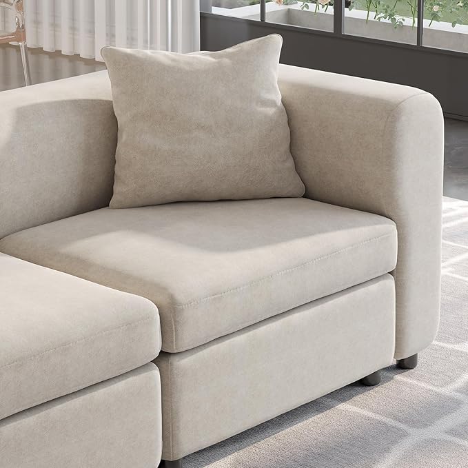 Modular Sectional 3 Seater Sofa Couch Modern Velvet with Removable and Washable Cushion Cover for Small Spaces Solid Wood Frame 108.66” Width Beige