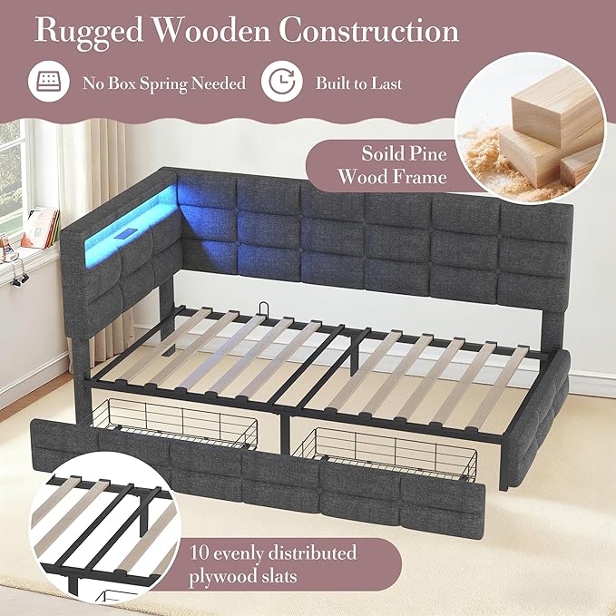 Twin Corner Bed Frame with Storage and Led Lights Upholstered Daybed Twin Size with Storage Drawers and Charging Station for Living RoomBedroom (Gray)