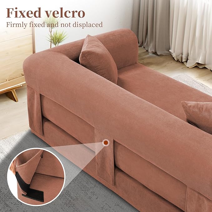 KBQ 3-Seat Convertible Sleeper Sofa Bed with 2 Pillows Corduroy Folding Mattress Couch Floor Sofa Lounge Couch for Living Room Bedroom Lounge Studio Pink