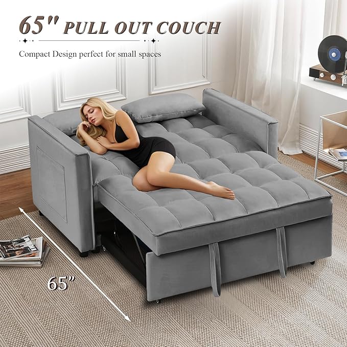 3 in 1 Convertible Sleeper Sofa Bed Futon Couches for Living Room with Side Pocket/Adjustable Backrest Velvet Upholstered Pull Out Couch Small Loveseat Sofa Bed for Bedroom Office Small Spaces