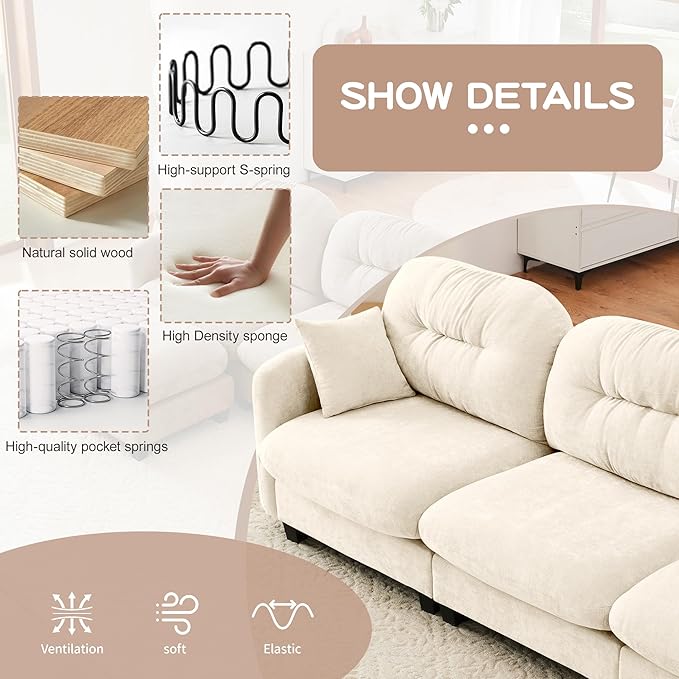 JULYFOX Button Tufted Fabric Couch 8 inch Overstuffed 24 inch Extra Deep Seat Button Tufted Back Mid Century Mordern Sectional Sofa Ottoman for Small Spaces (Beige)