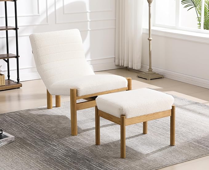 EALSON Modern Accent Chair with Ottoman White Boucle Upholstered Seater with High Backs Unique Design Wood Frame Armless for Living Room/Bedroom Reading/Office Use