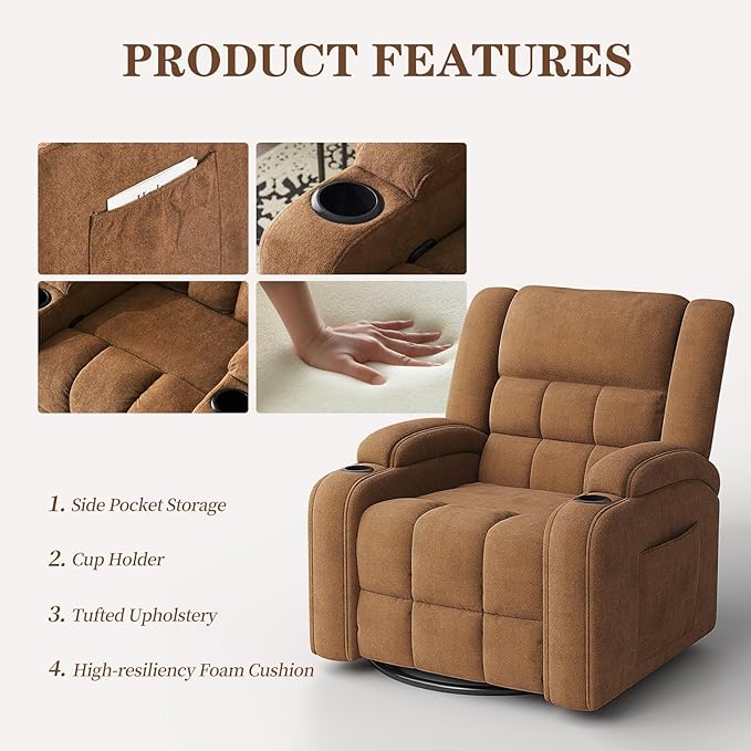 Furnimart 360° Swivel Rocker Recliner with Heat and Massage Manual Comfy Recliner Chair for Adult Chenille Glider Rocker Chaise Lounge for Living Room Bedroom Home Theater (Brown)