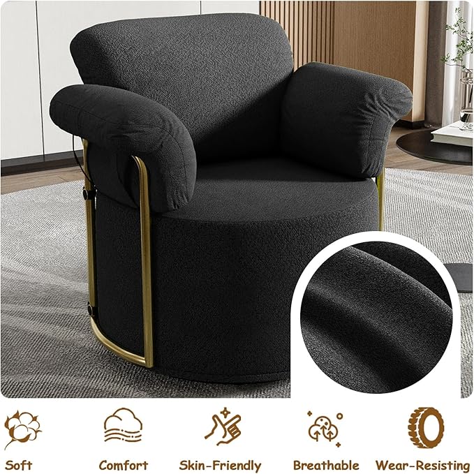 Swivel Accent Chairs for Living Room 360 Swivel Barrel Chair with Arm for Bedroom Upholstered Round Chair &amp Corner Chairs with Gold Frame for Small Spaces Chenille (Black)