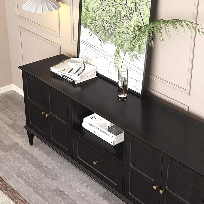ARTPOWER 67'' Mid-Century Modern TV Stand with Storage Drawer and Doors Long TV Stand with Adjustable Shelves for 75 Inch TV for Living Room Bedroom Black