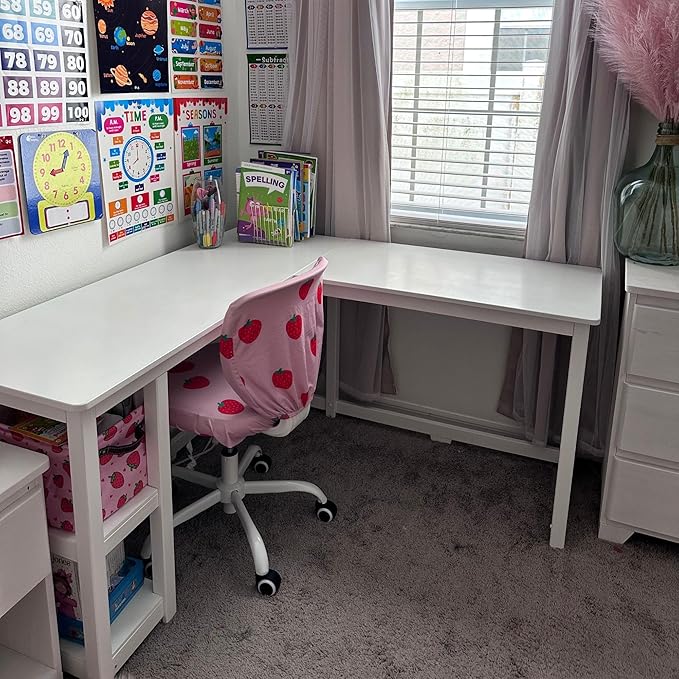 Max &amp Lily L Shaped Desk Corner Desk for Home Office Gaming Computer with Storage Shelves 55 x 55 Inches White