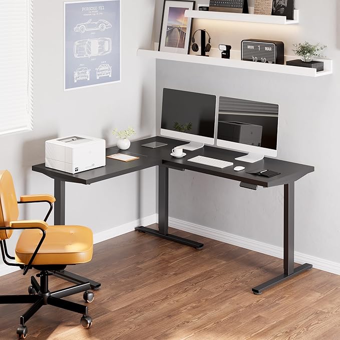 SANODESK Electric Height Adjustable 3-Leg L Shaped Standing Desk Frame Support up to 220lbs Sit Stand Ergonomic L Desk Frame Only Black