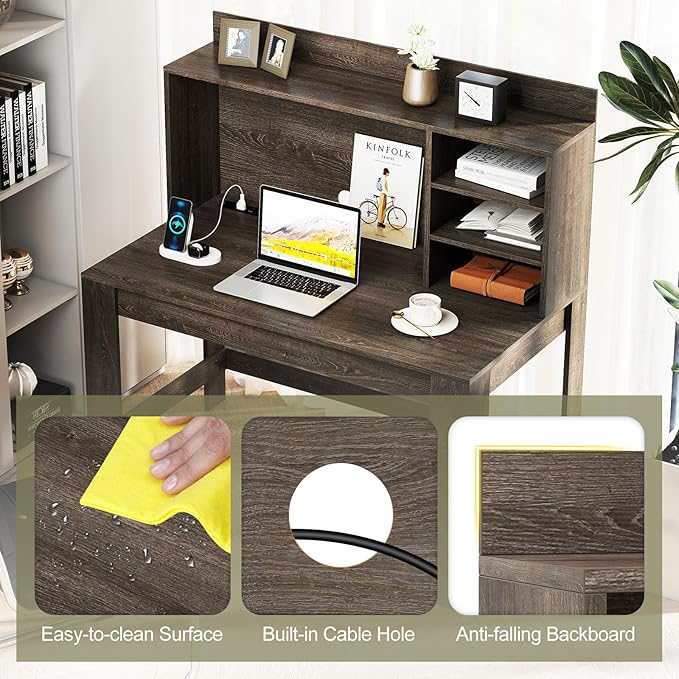 Giantex Computer Desk with Hutch Modern Home Office Desk with Power Outlets Storage Shelves &amp Cable Hole Makeup Vanity Table Study Writing Desk for Bedroom Office Small Space (Grey Oak)