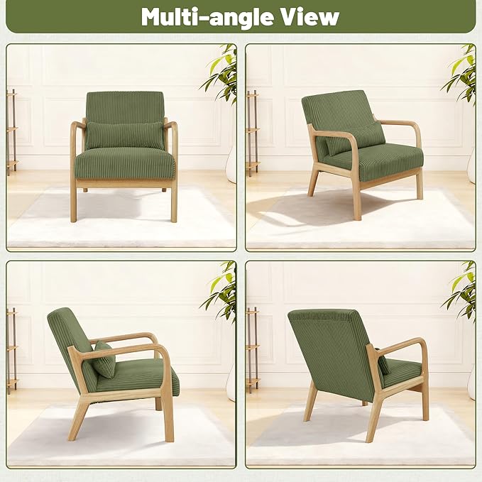 Accent Chair Set of 2 Mid-Century Modern Armchair with Waist Cushion Fabric Lounge Reading Chair with Wood Frame Comfy Sitting Seat for Living Room Bedroom Balcony up to 450lbs Green