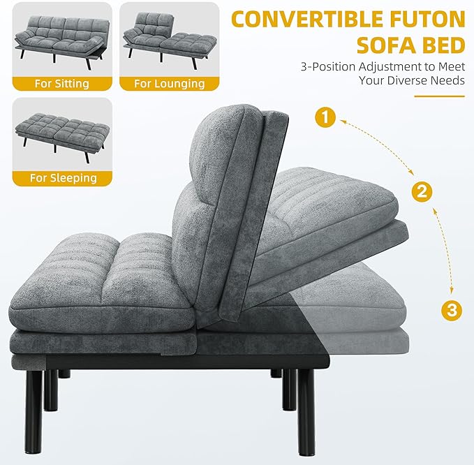 DWVO 70 Convertible Futon Sofa Bed Folding Futon Set for Living Room Home Office Aprtment Modern Futon Couch with Adjustable Backrest &amp Armrests Recliner Lounge Loveseat Sofa