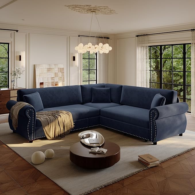 88'' Sleeper Sofa Bed Queen L Shaped Sectional Sofa with Pull Out Couch Bed Chenille 5 Seater Couch with Nailhead Trim &amp Rolled Arm Sectional Couches for Living Room Furniture Set Blue