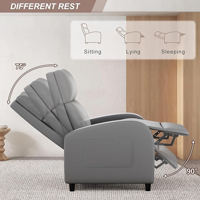 JUMMICO Recliner Chair Adjustable Home Theater Single Recliner Sofa Furniture with Thick Seat Cushion and Backrest Modern Living Room Recliners (Leather Grey)