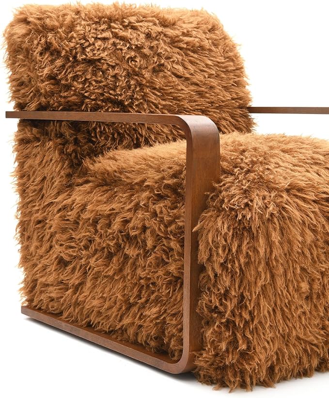 Comfortable Faux Fur Reading ChairModern Luxury Accent Chair Side Chairs with Curved Wooden Armrests for ApartmentLiving RoomOfficeStudyCamel+Brown