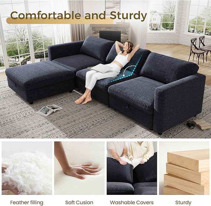 KKL Oversize Modular Sectional Sofa Couches for Living Room 113 L Shaped Sofa with Adjustable Backrest Couch Down Filled Sectional Sofa with Storage Ottoman Chenille Blue