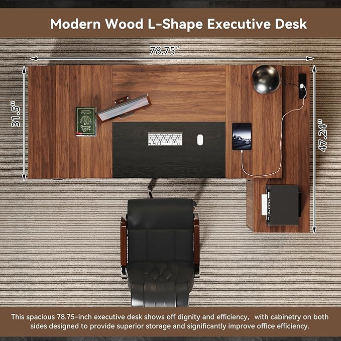 Executive L-Shaped Desk with Storage Cabinet 78-Inch Large Home Office Desks with Power Outlet and Lateral File Cabinet Modern Computer Desk with Drawers and Open Shelf Brown Black
