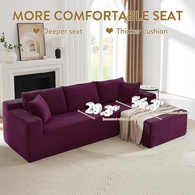 103 Cloud Sectional Couch with L-Shape Chaise Modern Minimalist Modular Sectional Sofa Fluffy Corduroy Upholstered Couches for Living Room No Assembly Required (Purple Right Facing Chaise)