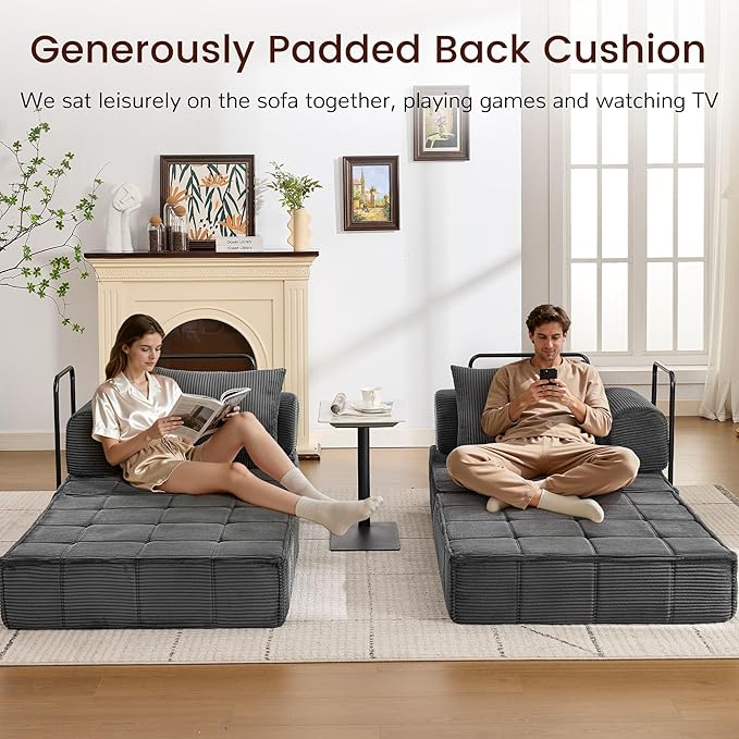 6-in-1 Convertible Sleeper Sofa Bed Corduroy Folding Mattress Couch with Fixed-Shape Frame Modular Foldable Boneless Couch Loveseat Couches with 2 Pillows for Living Room Bedroom Grey