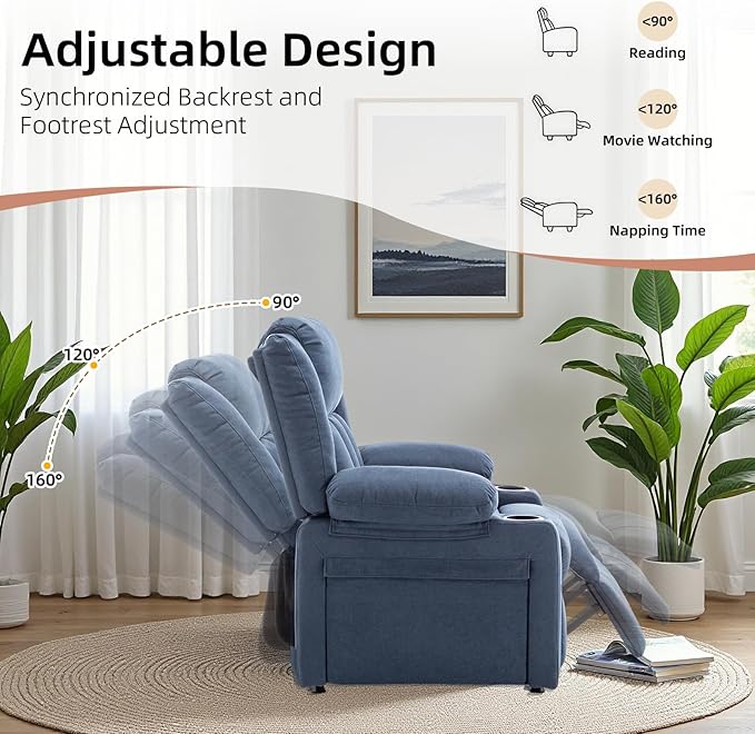 Power Recliner Chair Upholstered Recliner Heating Vibration Massage with Side Pockets Side Table &amp 2 Cup Holders for Living Room &amp Home Theater (Navy)