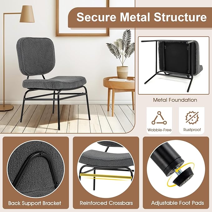 Giantex Modern Armless Accent Chair Set of 2 Sherpa Reading Chair w/Sponge Padding Adjustable Foot Pads &amp Metal Frame Upholstered Side Chair for Living Room Bedroom &amp Reading Room Grey