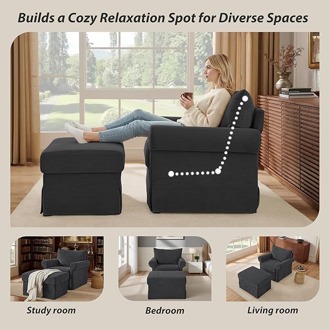 Modern Accent Chairs with Ottoman Comfy Chenille Reading Armchair with Rolled Arms and Cushion Backrest 35.8 W Chaise Lounge Chair for Living Room Bedroom Study Apartment Dark Grey