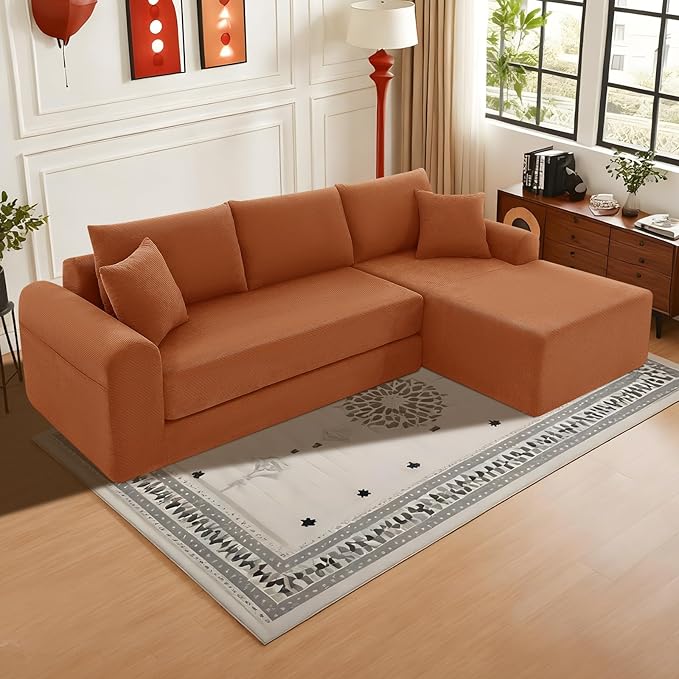 KBQ Modular Sectional Couch in a Box 103 L Shaped Boneless Cloud Couch with Deep Seat Convertible Sofa Bed for Living Room Bedroom Apartments No Assembly Required Orange Right Facing Chaise