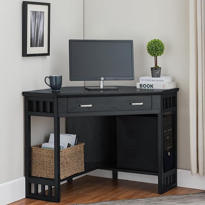 Leick Home 83430 Corner Computer/Writing Desk with Center Keyboard Drawer and Shelf Black Oak