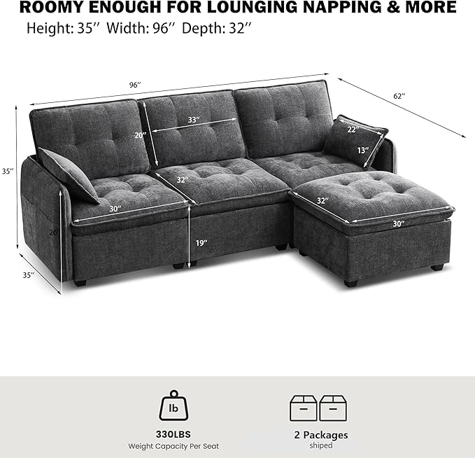 Oversized Modular Sectional Sofa with Ottoman 96.5'' 3 Seat Deep Seat Chenille Couch Convertible L Shaped Sofa with Pillows Comfy Seating Couch for Living Room Apartment Office (Grey)