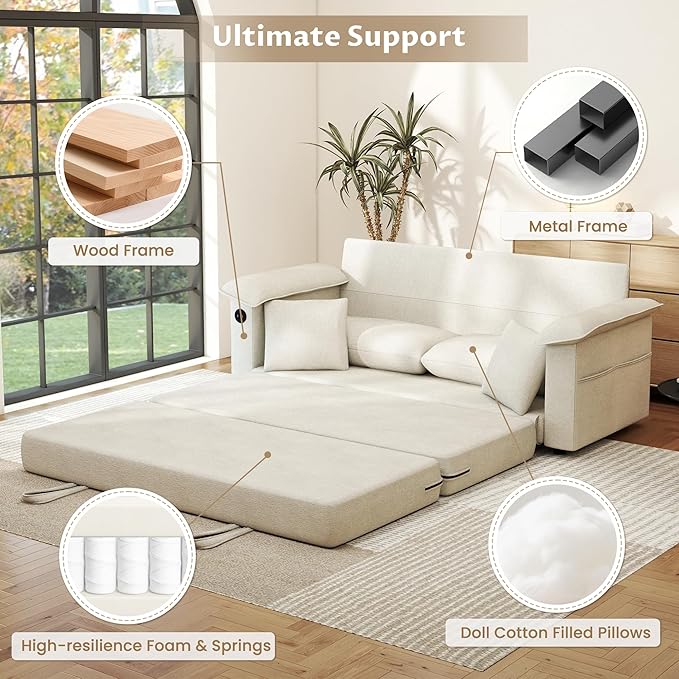 SUNWAVE 77 Loveseat Sleeper Sofa Convertible Sofa Bed 2-Seat Pull Out Couch w/USB Chenille Folding Sofa Bed for Living Room Small Spaces Bedroom (Ivory) | 9 Wider Amrest Breathable Chenille Stay