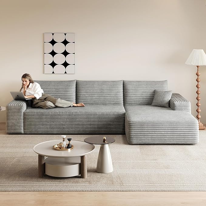 107.5 L-Shaped Sectional Modern Boneless Corduroy Couch with Chaise-No Assembly Required! Deep-Seat Upholstered Modular Cloud Sofa for Living Room Plush Corduroy Fabric (GreyRight Facing Chaise)