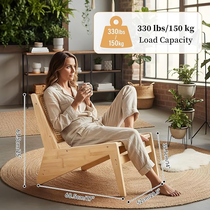 Rattan Accent Chair for Living Room Mid Century Side Chair Comfy Bamboo Chairs for Bedroom Reading Room Wood