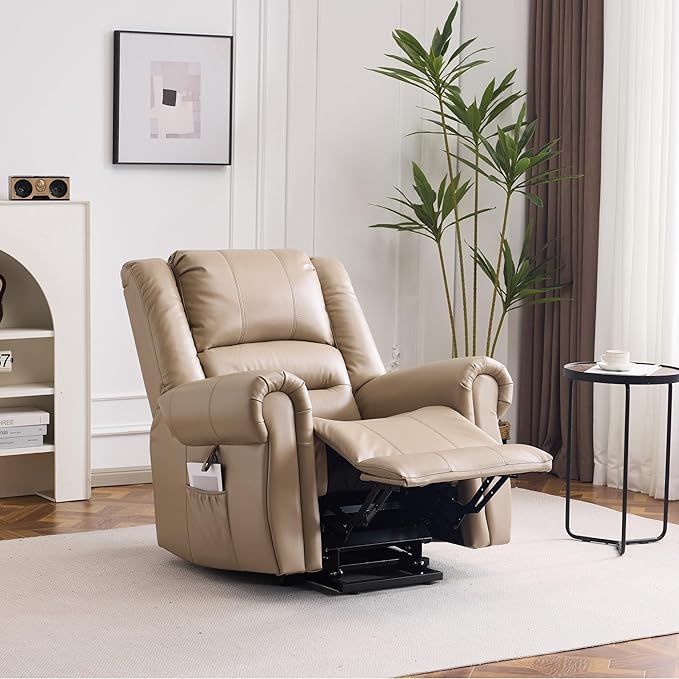 Power Lift Recliner Chair with Massage and Heating PU Leather Electric Recliner Sofa with USB Charger 300lbs Capacity Lift Chair 8-Point Massage &amp Lumbar Heating Easy Assembly(Light Brown)