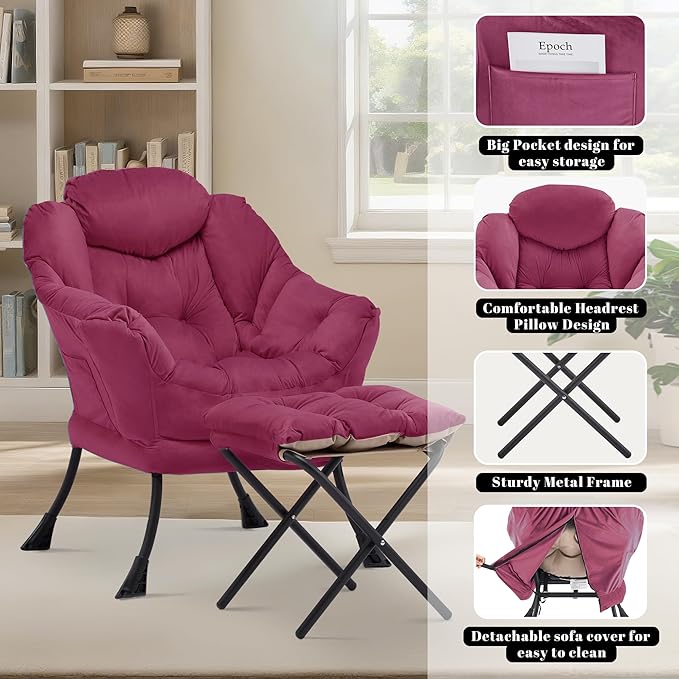 Lazy Chair with Ottoman Comfy Accent Lounge Chair with Side Pocket Modern Reading Armchair with Footrest Upholstered Sofa Chair for Small Spaces Bedroom Living Room Dorm Wine Red