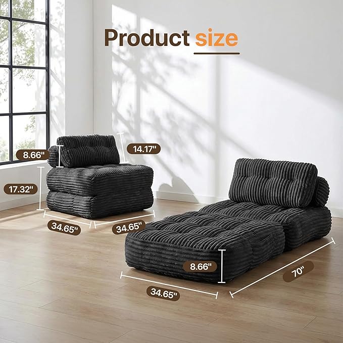 Boneless Chair Folding Sofa Bed with Pillow Sleeper Sofa with Back Support Sleeper Chair Portable Fold Out Chair Bed Comfy Foldable Mattress for Living Room Black Single