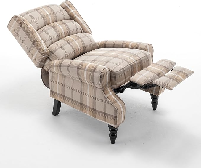 Upholstered Wingback Recliner Chair Plaid Recliner Chair Armchair Adjustable Footrest Push Back Reclining Sofa Mid-Century Modern Lounge Armchair for Living Room Bedroom Reading -- Natural