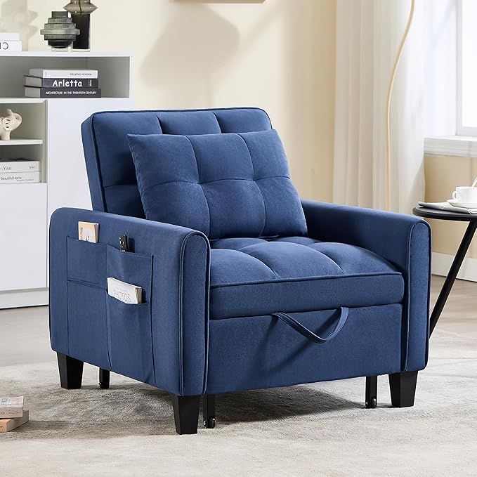 Convertible Sleeper Chair 3 in 1 Sleeper Chair Bed Pull Out Sofa Bed Chair Single Sofa Bed Adjustable Backrest Chairs Bed Sleeper for Adults Reading Living Room Bedroom Velvet Blue