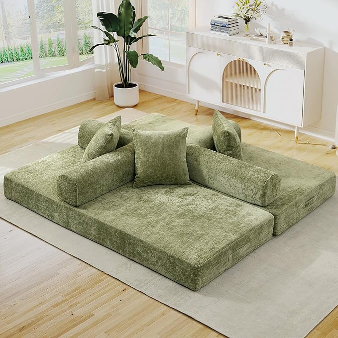 3 in 1 Convertible Futon Sofa Bed Modern King Size Chenille Loveseat Sleeper Sofa Folding 3-Seater Foldable Lounger Couch Bed for Living Room Bedroom Guest Room (Green 3 Throw Pillows)