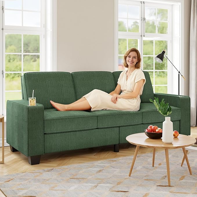 83.86 Corduroy 3-Seater Sofa with Extra Deep Seat Modern Cloud Couch with 2 Cup Holders Comfy Upholstered Sofa for Living Room Apartment &amp Office Green