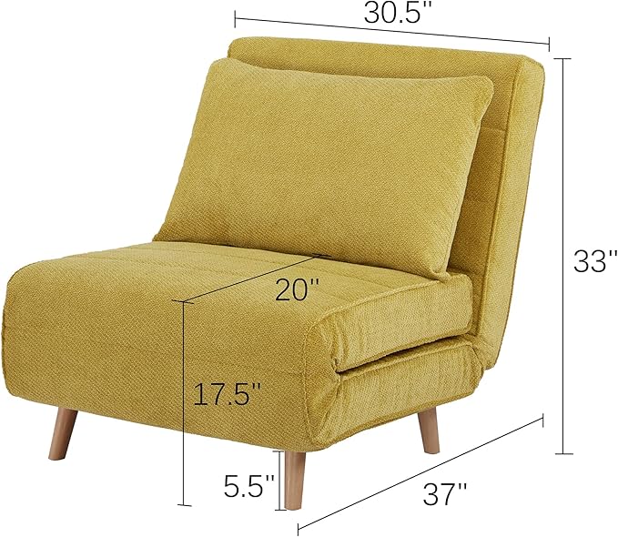 31 Convertible Sleeper Chair 3-in-1 Foldable Chair Bed with Pillow 3-Position Adjustable Backrest Single Sofa Bed for Apartment Office Mustard Yellow