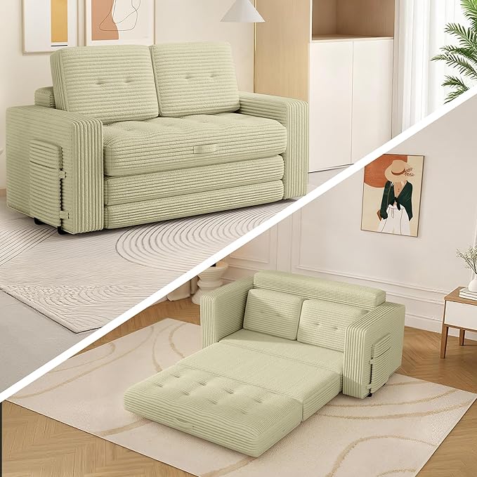 3 Fold Convertible Sofa Bed Pull Out Boneless Couch Loveseat Sleeper Sofa Folding Chaise Chair with Pillows for Bedroom Living Room Beige (Little Yellow)