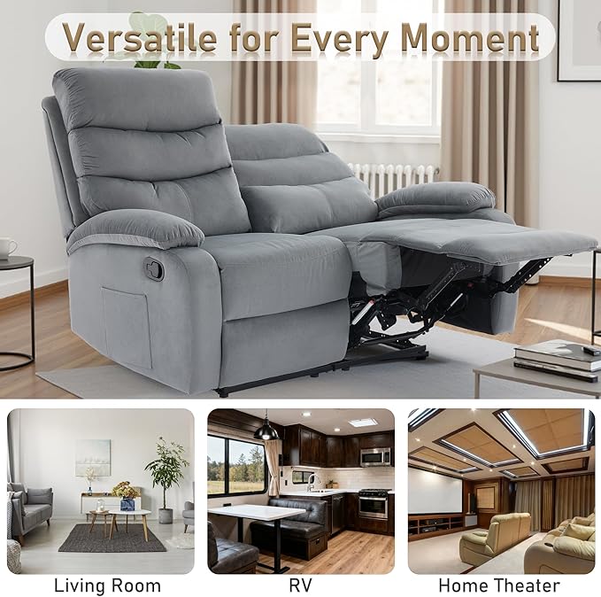 Velvet Recliner Loveseat Manual Double Loveseat Recliner RV Reclining Love Seat with Side Pockets for Living Room Home Theater