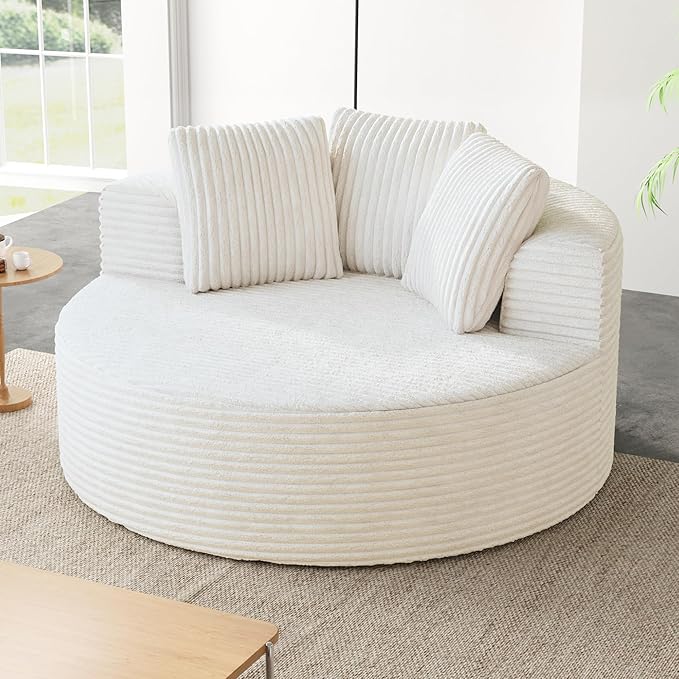 JACH Oversized Sofa Chaise with Three Pillows 50 Corduroy Deep Seat Single Sleeper Sofas Round Upholstered Lazy Floor Sofa for Living Room Apartment Beige