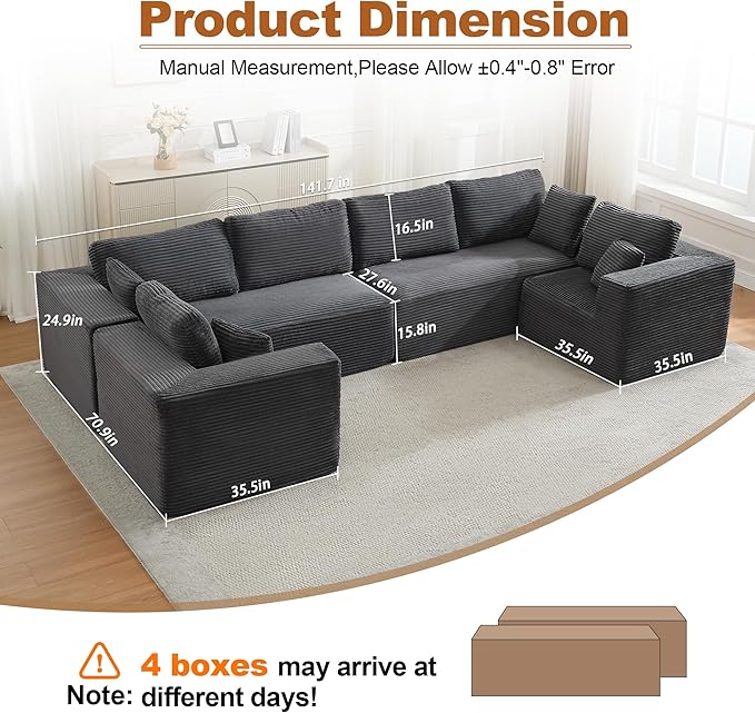 Modular Sectional Cloud Couch for Living RoomModern Boneless Couche Set with Plush CorduroyComfy Floor Sofa with Memory FoamStupendous U Shaped SofaNo Assembly RequiredGrey