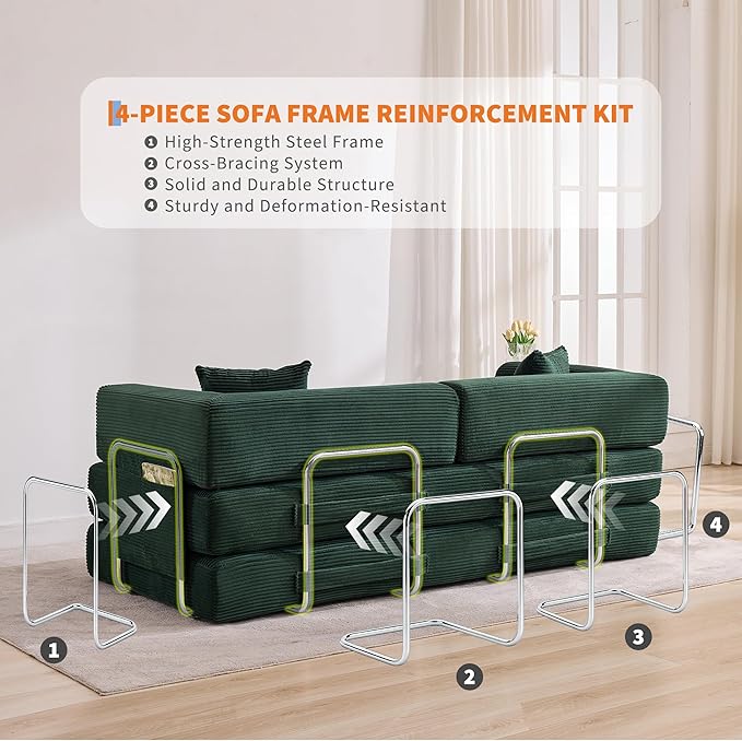Convertible Sleeper Sofa Bed 78.8 Floor Sofa Bed 5-in-1 Folding Mattress Couch Loveseat with Fixed-Shape Frame Pillow Corduroy Fabric for Living Room Bedroom Lounge Dark Green