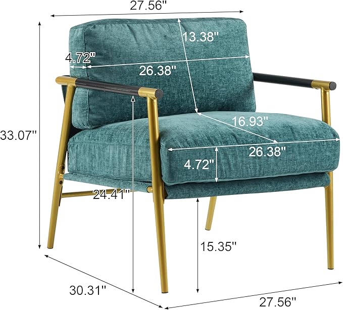 Modern Minimalist Accent Chair Soft Polyester Fabric with Metal Frame and Wood Armrests Living Room Bedroom Office Seating (Teal Blue)