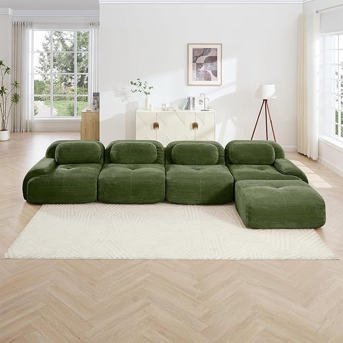 153 Foam Compressed Cloud Sofa28 Feep Seat Pet-Friendly Corduroy Oversize Sectional Couch with Movable Ottoman 4 Seater Modular Cloud Couch for Living Rooms Apartments Leisure RoomsGreen