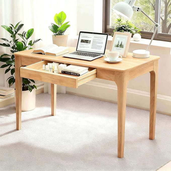 Solid Wood Desk40 Oak Wooden Desk with DrawersMid Century Modern Small Computer Desk with Drawers for Small Spaces Home Office Solid Wood Writing Desk (Wood Color-1 Drawers)