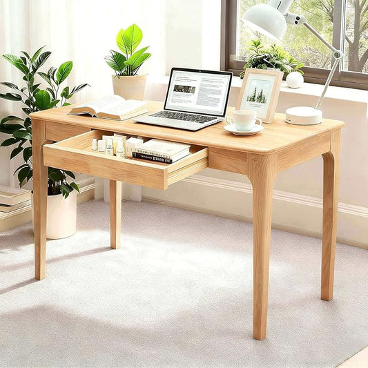 Solid Wood Desk40 Oak Wooden Desk with DrawersMid Century Modern Small Computer Desk with Drawers for Small Spaces Home Office Solid Wood Writing Desk (Wood Color-1 Drawers)