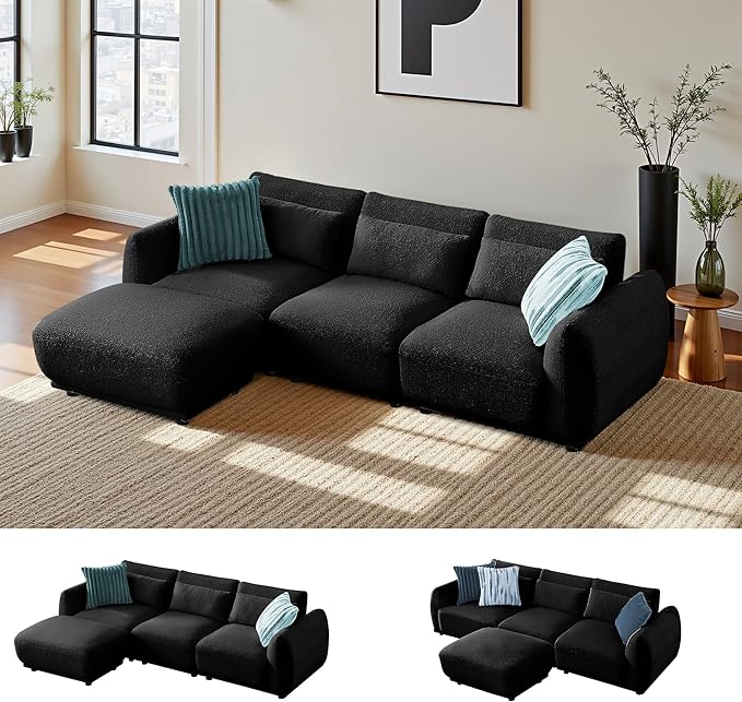 Sectional Sofa Couch Modern U Shaped Sectional Couch with Ottoman Modular Sectional Sofa Cloud Couches for Living Room (Black 3 Set + 1 Ottoman)