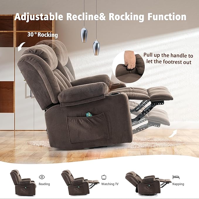 Rocker Swivel Recliner Chair for Adults Overstuffed Large Manual Recliner Glider with Massage and Heat Comfy Soft Fabric Living Room Reclining Sofa Chair (Warm Cocoa)